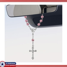 Car Hanging Ornament 2 Pcs Pink Rosary Rearview Mirror Charm Medal Acolor Pink