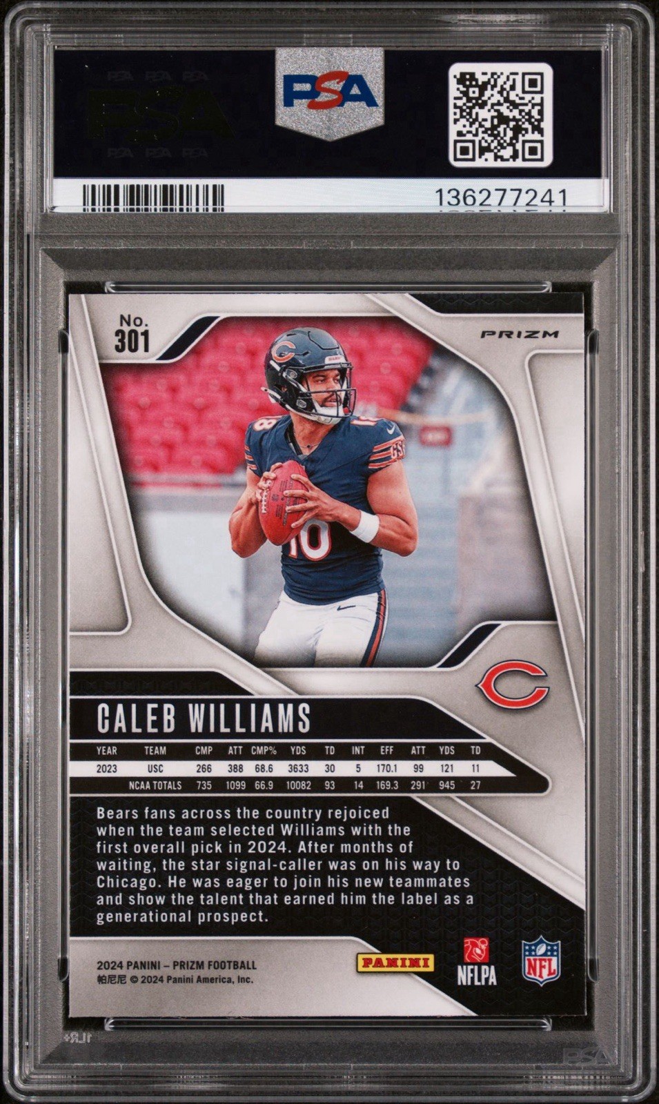 Caleb Williams 2024 Prizm Lazer PSA 10 #301 Rookie RC Bears view 2