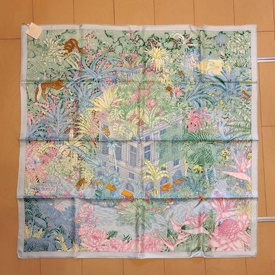 Hermes Scarf Stole Faubourg Tropical Blue Green Floral Silk Auth