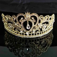 Clear Rhinestone Gold tone Metal Tiara Crown Bridal Heart NEW
