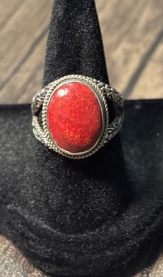 Vintage Coral Bali Sterling Silver Ring w Beautiful Border & Band Design Size 7