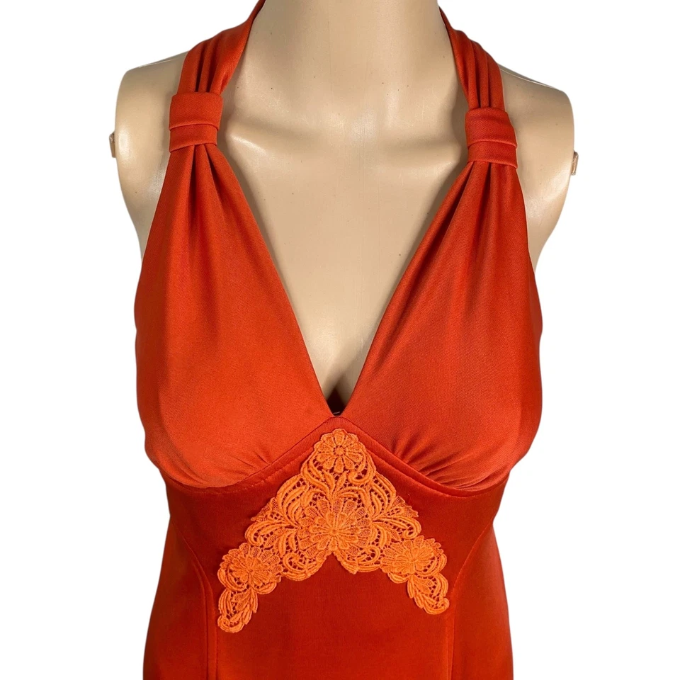 复古 70 年代 Burnt 橙色钩针花边迪斯科吊带长裙,尺寸 S/M — 第 3/4 张图片