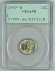 1937-S 10c Mercury Silver Dime PCGS MS66FB Rattler Style Gen. 1.2 Holder C4828