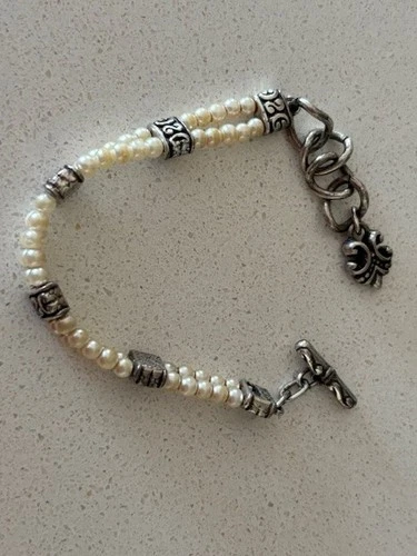 Brighton Silver-Tone Lady Jane Faux Pearl & Fleur De Lis Toggle Bracelet -EUC