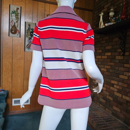 Camicia tunica top vintage anni 60 mod British Invasion RWB a righe con bottoni ramoscati M - Foto 7 di 9