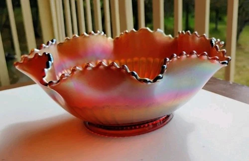 Carnival Glass Northwood Iridescent Strippled Rays Amethyst Bowl 8.5"