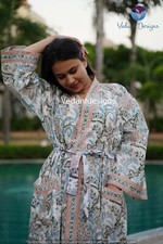 Cotton Long Kimono Hand Block Printed Women's Indian Nightwear Robe Gown Dress
