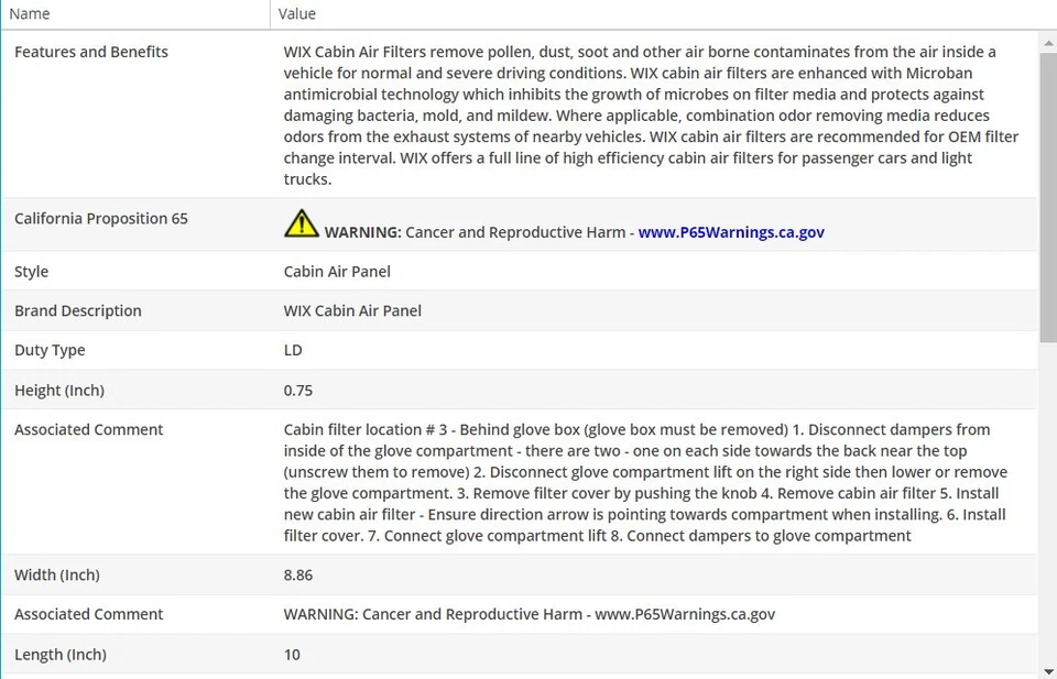 Filtro de aire de cabina WIX para Saturn Vue 2008-2010 L4-2,4 L Foto 3 de 4