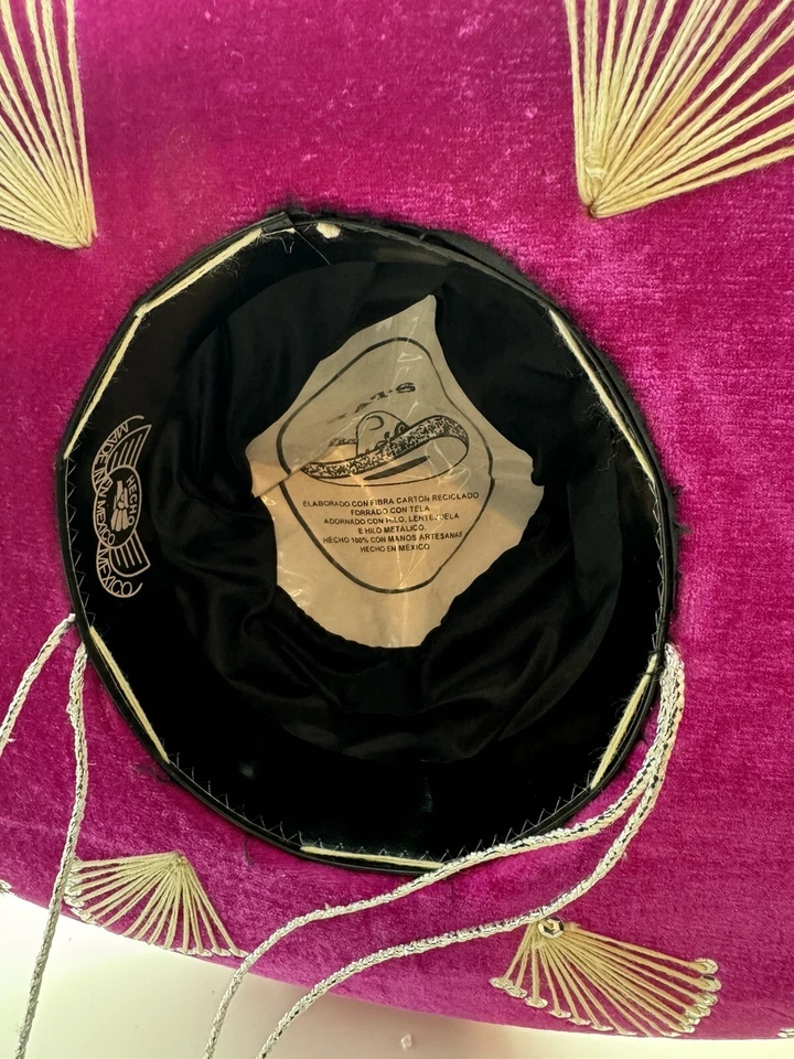 Auténtico Sombrero Hecho Mexicano Mariachi Sombrero Charro Terciopelo Rosa Plata NUEVO Foto 4 de 4