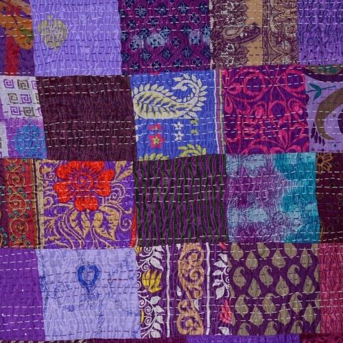 Indian Handmade Patchwork Kantha Vintage Quilt Throw Silk Bedspread Blanket Boho - Picture 3 of 3