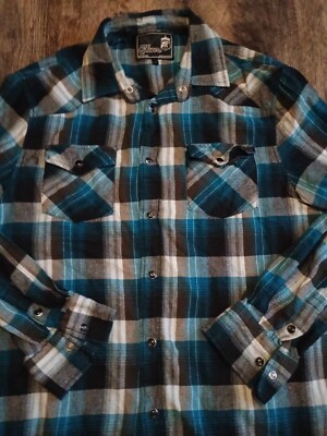 Elixir Western Flannel Shirt Mens Large Blue Black Plaid Long Sleeve Pearl Snap+
