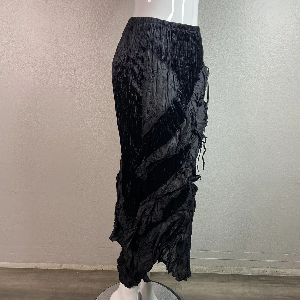 Surrealist Black Crinkle Tiered Velvet Maxi Skirt Handkerchief Hem Goth Gypsy L - Image 2 of 4