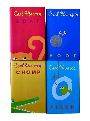 Carl Hiaasen Hoot Flush Scat Chomp HC Book Lot 4 1st Ed. Kids 1 Author Inscribed