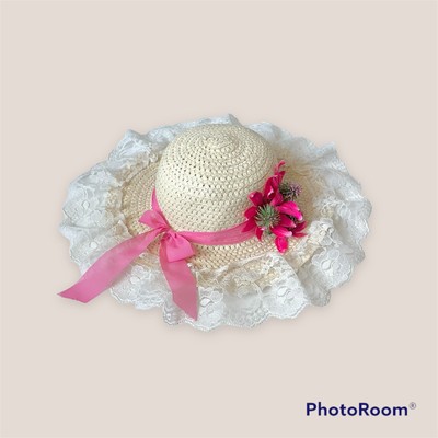 Vintage Lace Straw Hat Straw Hat Beige With Long Lace Tulle For Holiday – Jolly Vintage main image 3