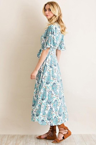 Blue White Paisley ENTRO BOHO Peasant Low Cut Flutter Sleeve Midi Wrap Dress - Picture 3 of 6