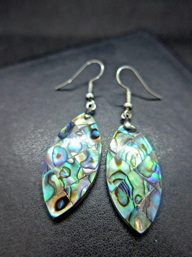 Abalone Shell Marquise Oval Silver Hook Drop Dangle Earrings Mother of Pearl - Picture 2 of 9