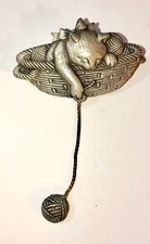 Silver Kitty Cat Brooch Kitten Basket Yarn Articulated Pewter Pin JJ Vtg