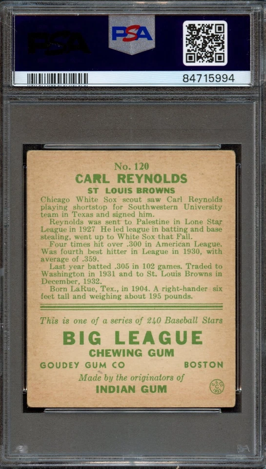 BB - 1933 Goudey - #120 - Carl Reynolds - PSA 3 - VG - Image 2 of 2
