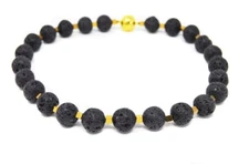 Unusual Lava Ball Shaped Necklace with Gold Tone Hematite