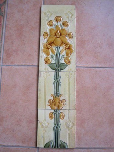 ANTIQUE RELIEF MOULDED ART NOUVEAU 4 TILE PANEL - LEA & BOULTON - c1896-1902 - Afbeelding 1 van 10