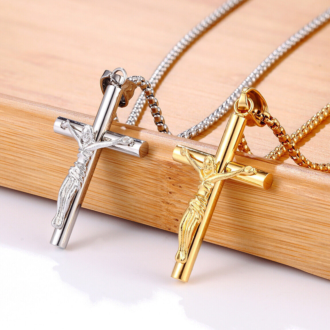 Crucifix Cross Necklace for Men Women Stainless Steel Lords Prayer Pendant Chain