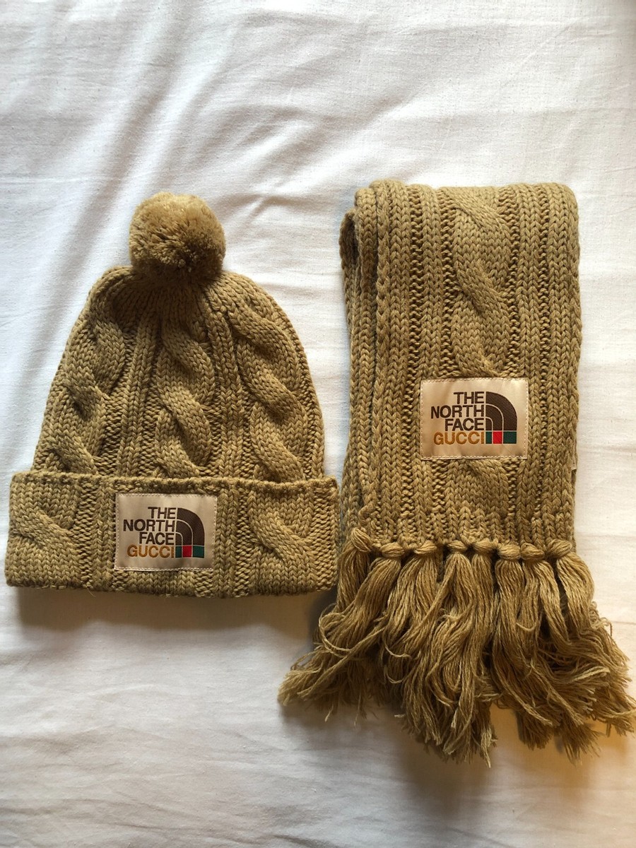 Gucci X The North Face Beanie Hat and Scarf Set Genuine Wool Khaki
