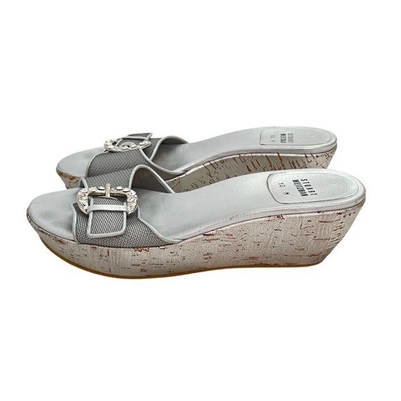 Stuart Weitzman Genuine leather Silver Cork Platform Slide Sandals Rhinestone 10 - Image 4 of 4