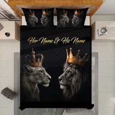Personalized King & Queen Lion Couple Royal Crown Gift For Spouses Quilt Bed Set