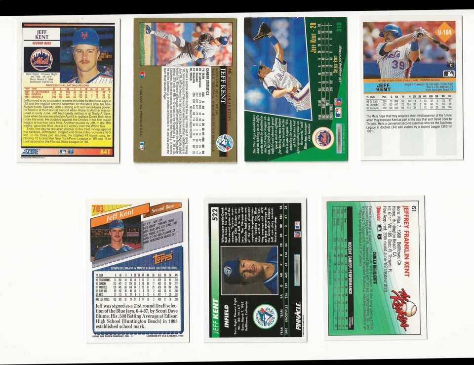 Lote de tarjetas de novato Jeff Kent - Topps/Fleer/Donruss/Puntuación - 7 Jeff Kent RC Foto 2 de 2