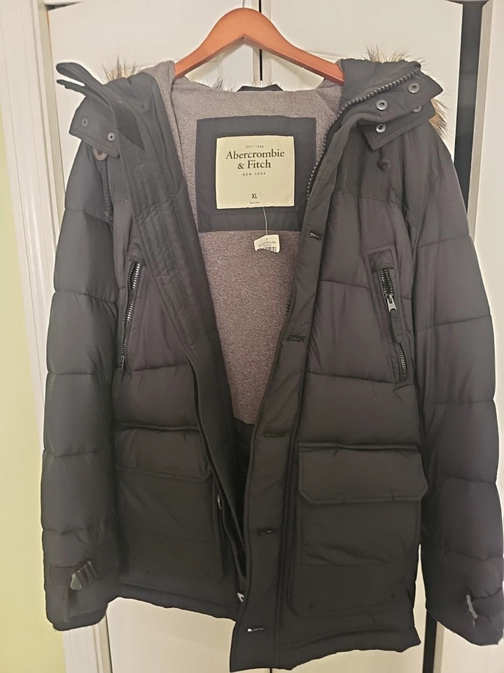 Abercrombie Fitch Parka Men S Black Faux Fur Insulated Outdoor Puffer Jacket VTG - Image 3 of 4