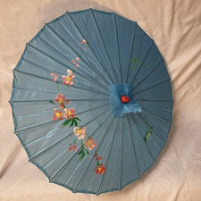 Vintage Japanese Blue Paper Parasol  Hand Painted Floral Bamboo Umbrella