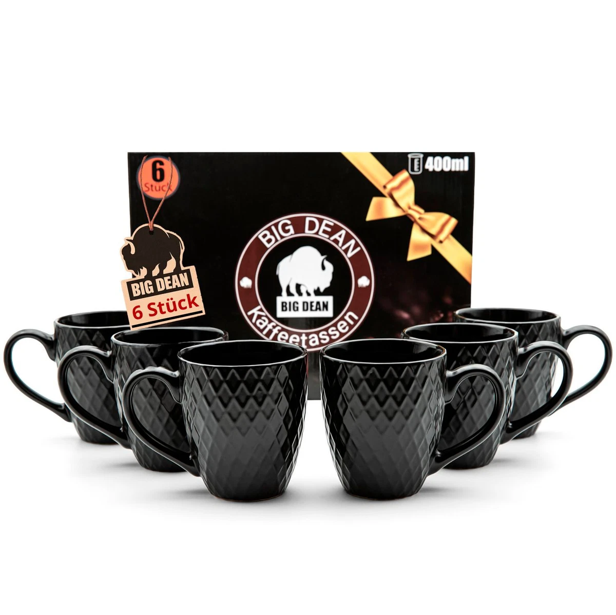 6x Hochwertiges Kaffeetassen Set 400ml schwarz matt Kaffeebecher Keramik