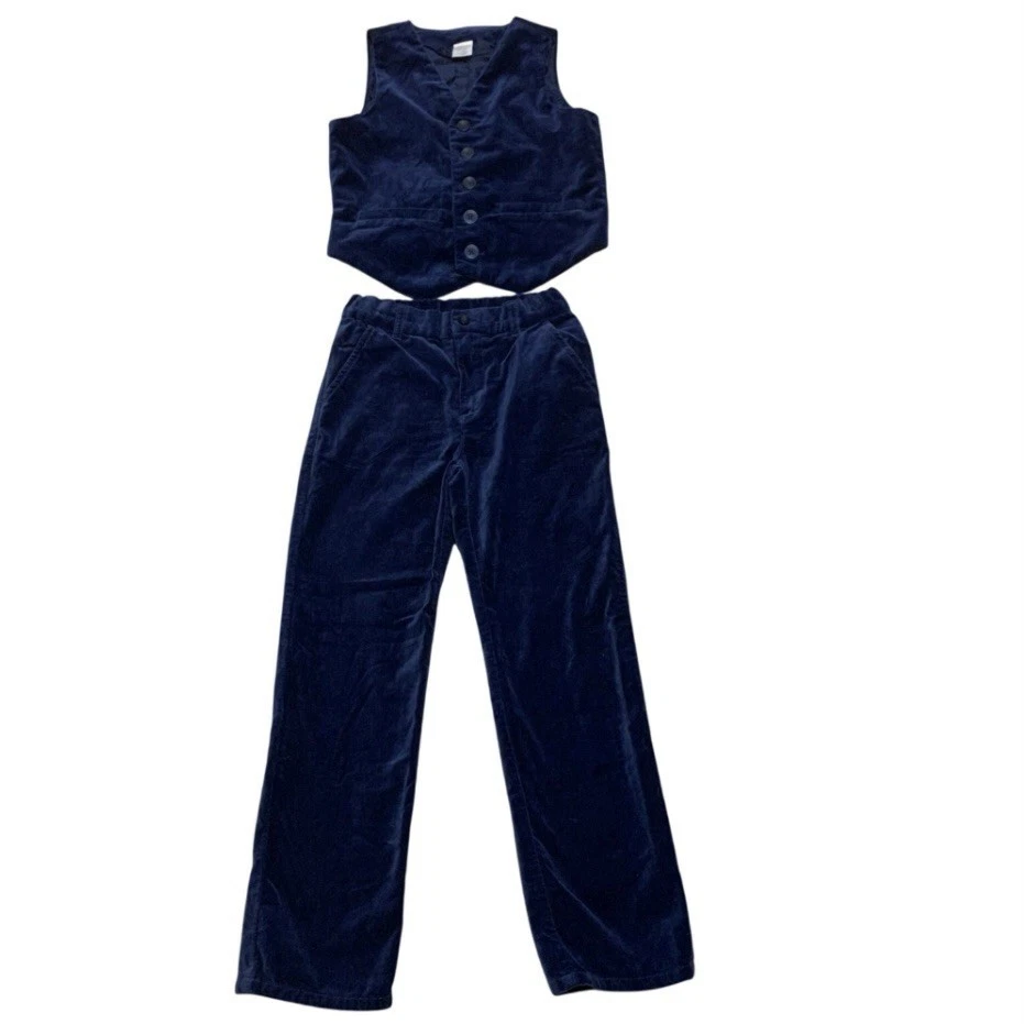 Gymboree Niños 6/7 Conjunto de Terciopelo Vacaciones Azul Vía Láctea Chaleco Pantalones Gorra de Newsboy Foto 2 de 4