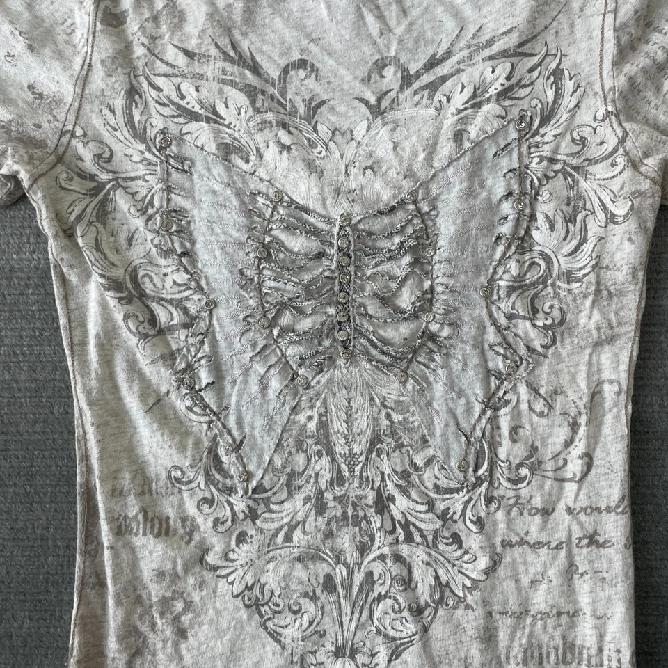Miss Me T Shirt Women S Gray V Neck Tattoo Style Y2K Butterfly Rhinestones - Image 3 of 4