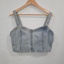 Womens Denim Zip Front Bustier Corset Tank Top XL Smocked Back Y2K Festival