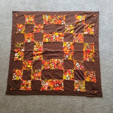Vintage 70s Patchwork Quilted Kids Baby Crib Blanket Throw Brown Orange Floral