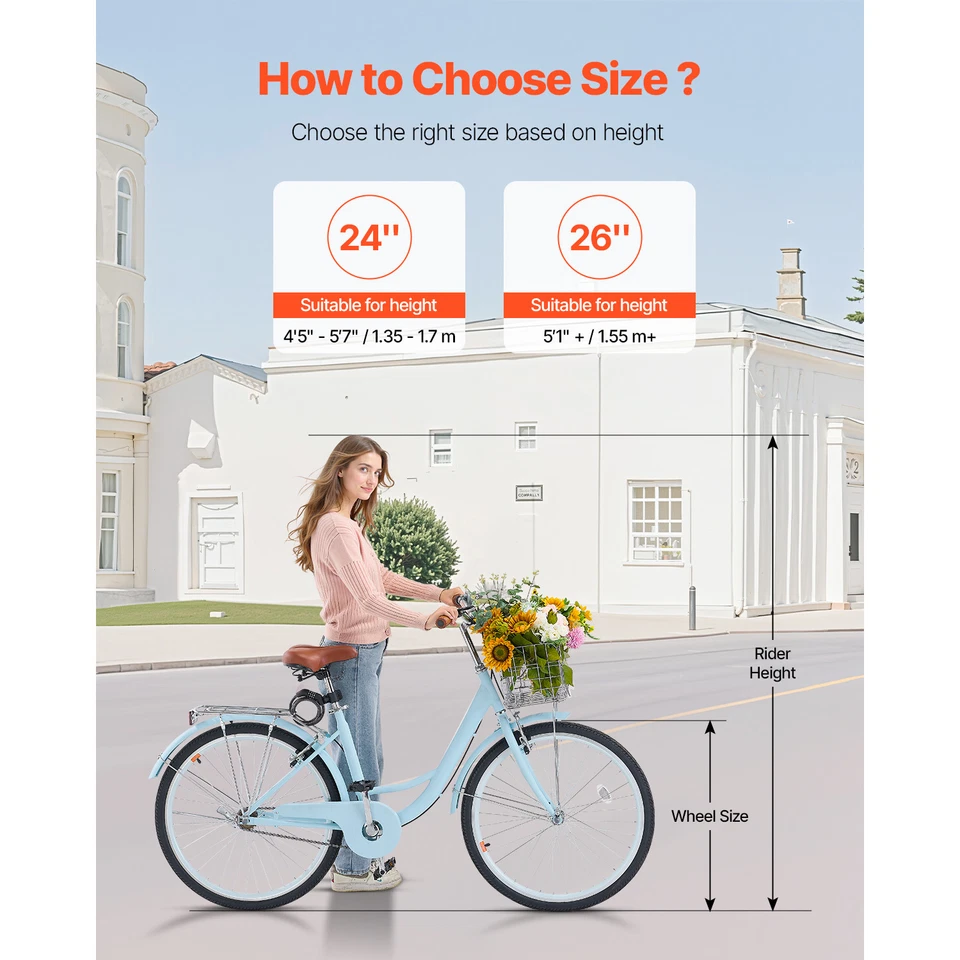 26 Inch Beach Cruiser Bike 1-Speed City Bicycle with Basket for Women,Light Blue - Image 3 of 4