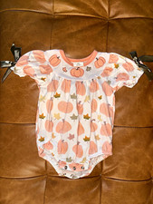 Girls White Pumpkin Print Knit Cotton/Spandex Short Sleeve Snap Romper 0-3M