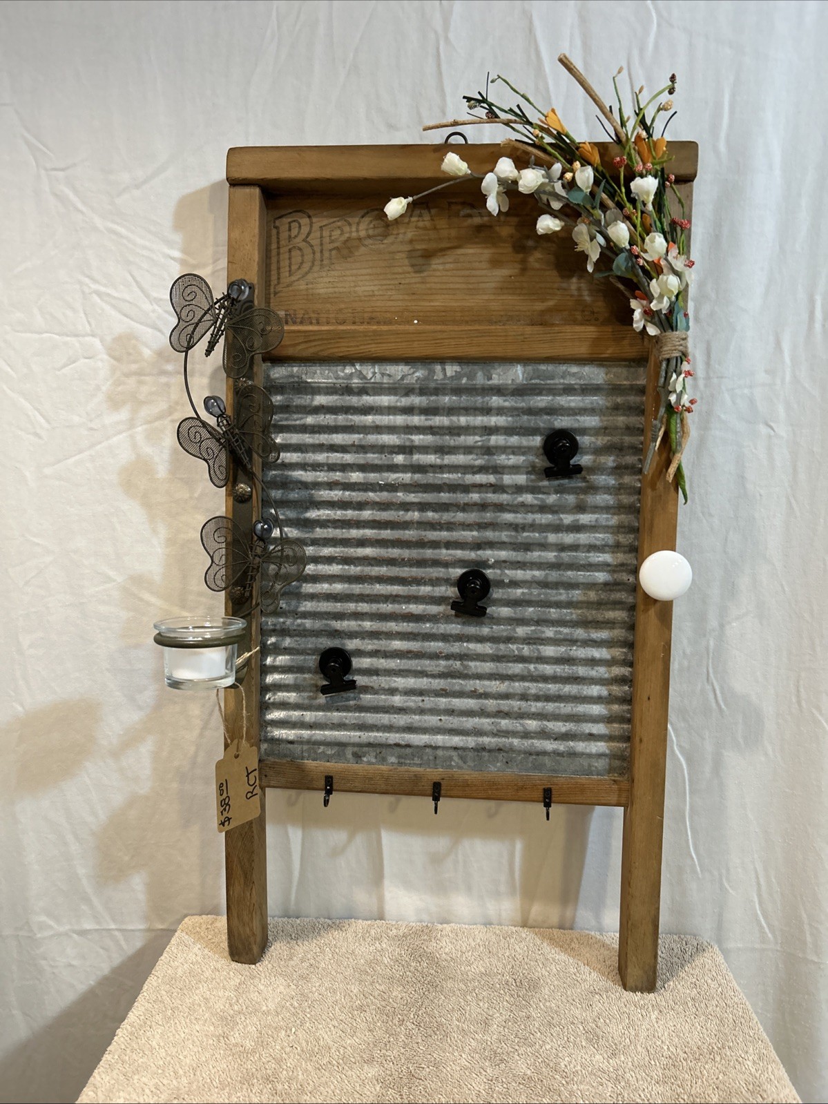 Antique Farmhouse Vintage Decorative Wash Board With Candle Holder And Hooks