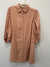 Jade by Jane Linen Blend Shirt Dress Balloon Sleeve Size M Peach Pink Button Up