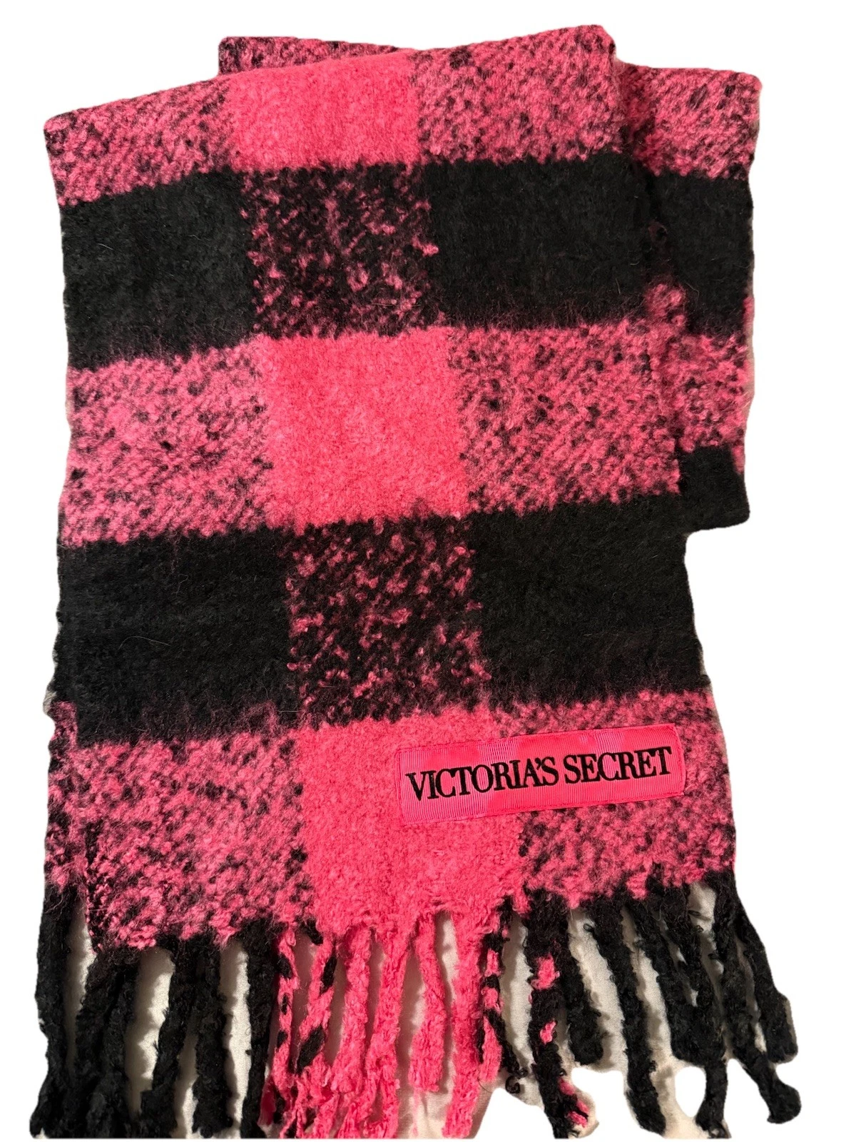 Victoria's Secret Plush Winter Angel Scarf Pink Black Buffalo Check Fringe Ski