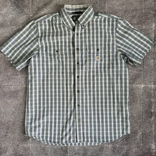 Men's Carhartt Loose Fit Midweight Chambray Blue Plaid Button Up Shirt Sz XL T