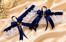 HANDMADE Navy Blue White Lace GARTER TOSS Prom Wedding.
