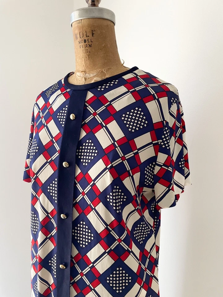 Vintage ‘60s 1970’s Soft Tricot Nylon Dress Red White & Blue Graphic Print S - Image 2 of 4