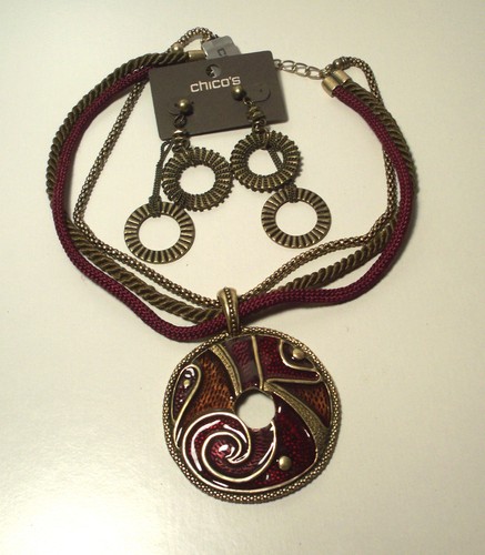 Chico's Vintage Moreau Enameled Pendant Necklace Bronze Disc Dangle Earrings Set - 第 1/4 張圖片