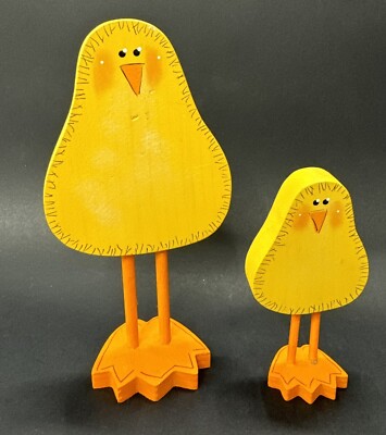 2 Hand Made Wooden Carved Yellow Chicks Orange Legs 5.6'' & 3.5'' Tall Cake topper