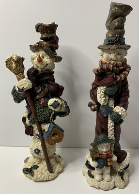 Pair of Decorated Snowmen with Bird And Bird House Christmas Figurines - Herco