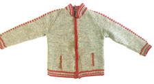 Vintage Childrens Sweater Jacket Hand Knit Grey  Red Made in USA