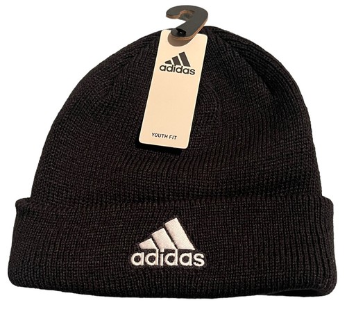 Adidas Beanie Cap Hat Youth Black One Size Ribbed Embroidered Logo Athletic NWT - Picture 1 of 6