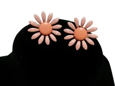 Vintage Flower Power Clip-on Earrings Mod Orange Enamel Daises UV Glow